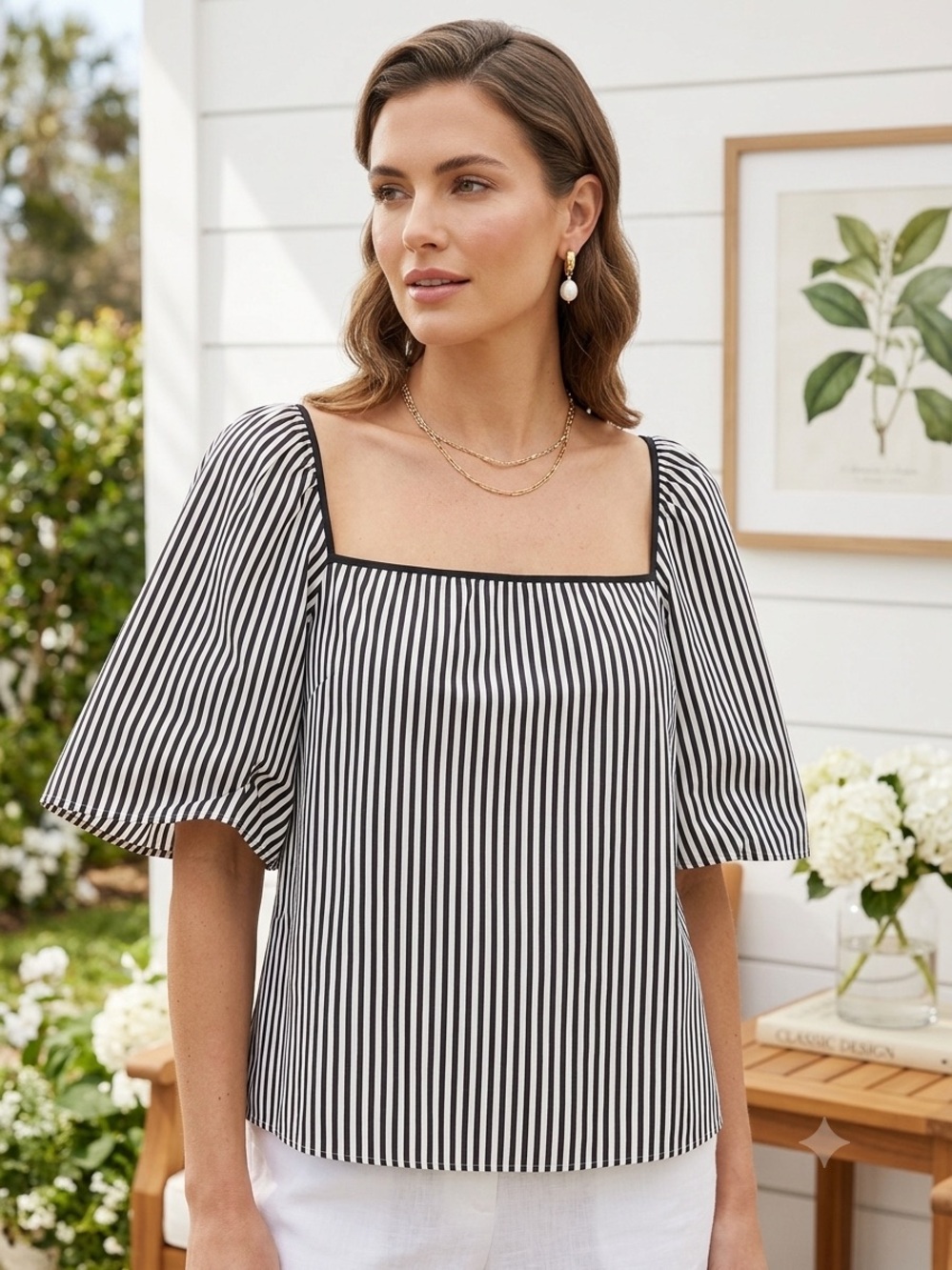 Tuckernuck 3XL XXXL Chocolate Brown Stripe Square Neck Flutter Sleeve Top